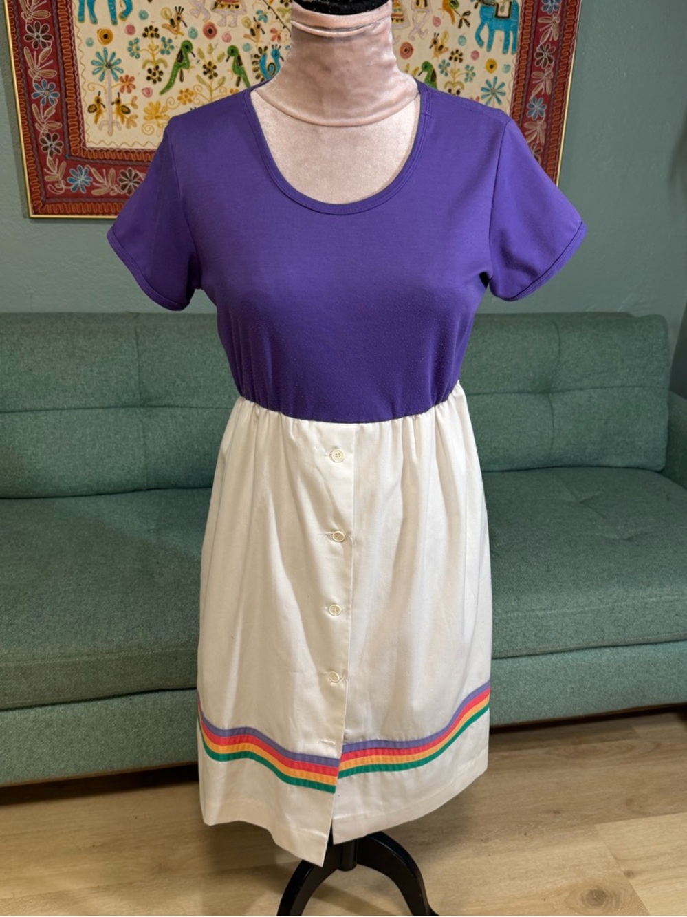 Vintage Purple & White Midi Dress Rainbow trim festival 70’s, Small